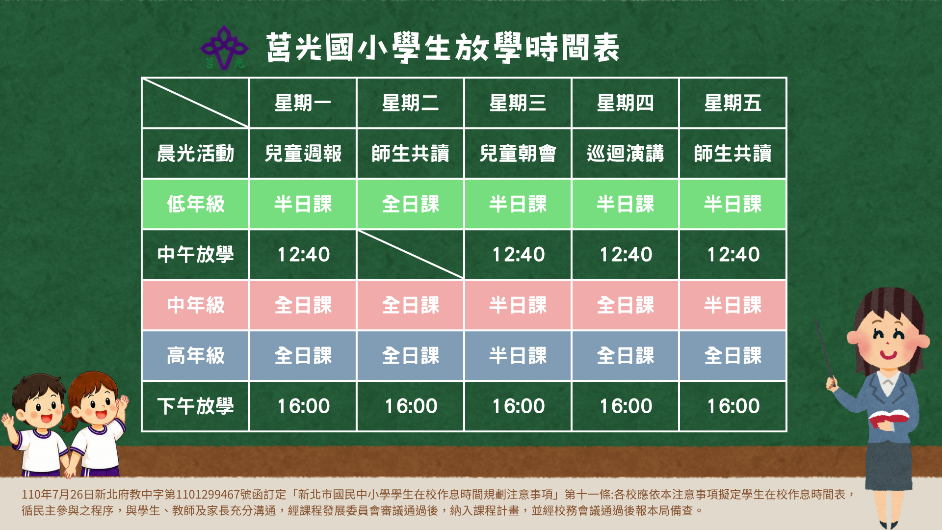 115學年度新北市板橋區莒光國民小學學生放學時間表