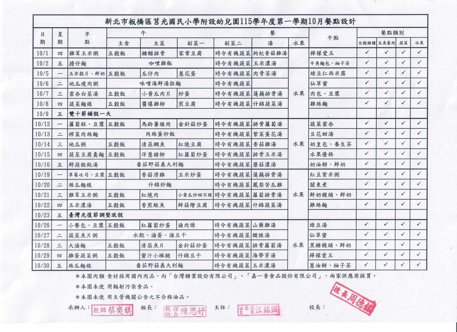 115年10月餐點表