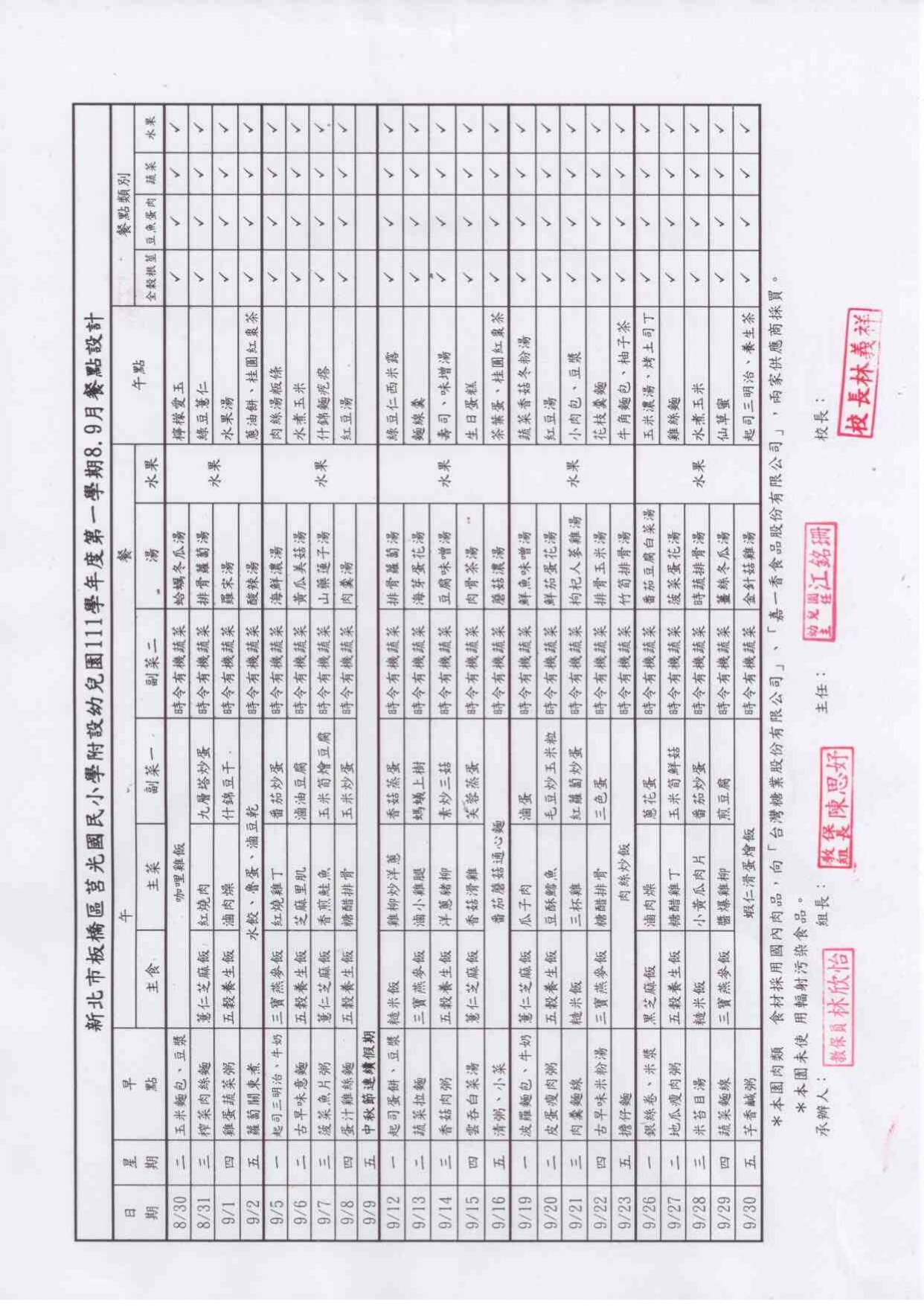 111學年度8.9月份餐點表