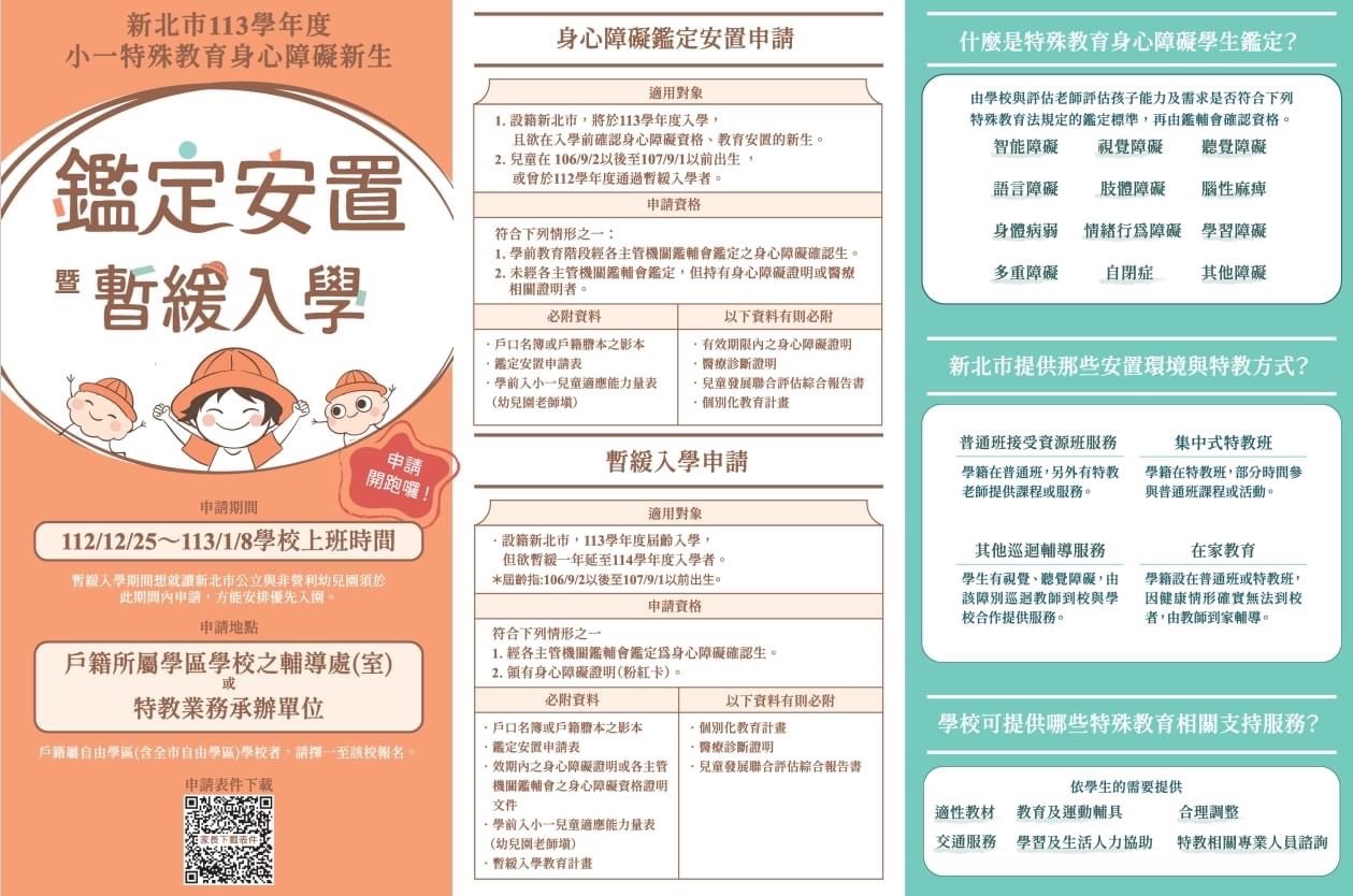 新北市113學年度小一特殊教育身心障礙新生鑑定安置暨暫緩入學申請資訊