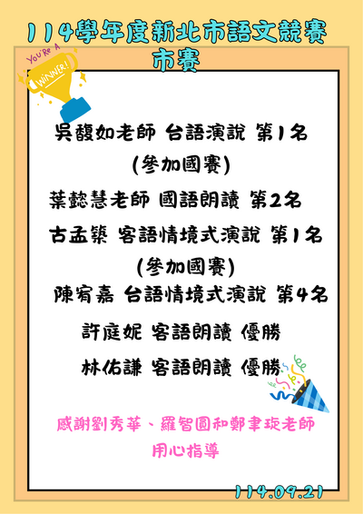114學年度新北市語文競賽市賽獲佳績圖片